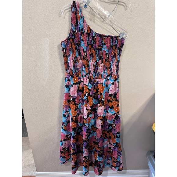 BTFBM Floral One Shoulder Smocked Midi‎ Dress Pink Blue Orange Black XL - Picture 1 of 4